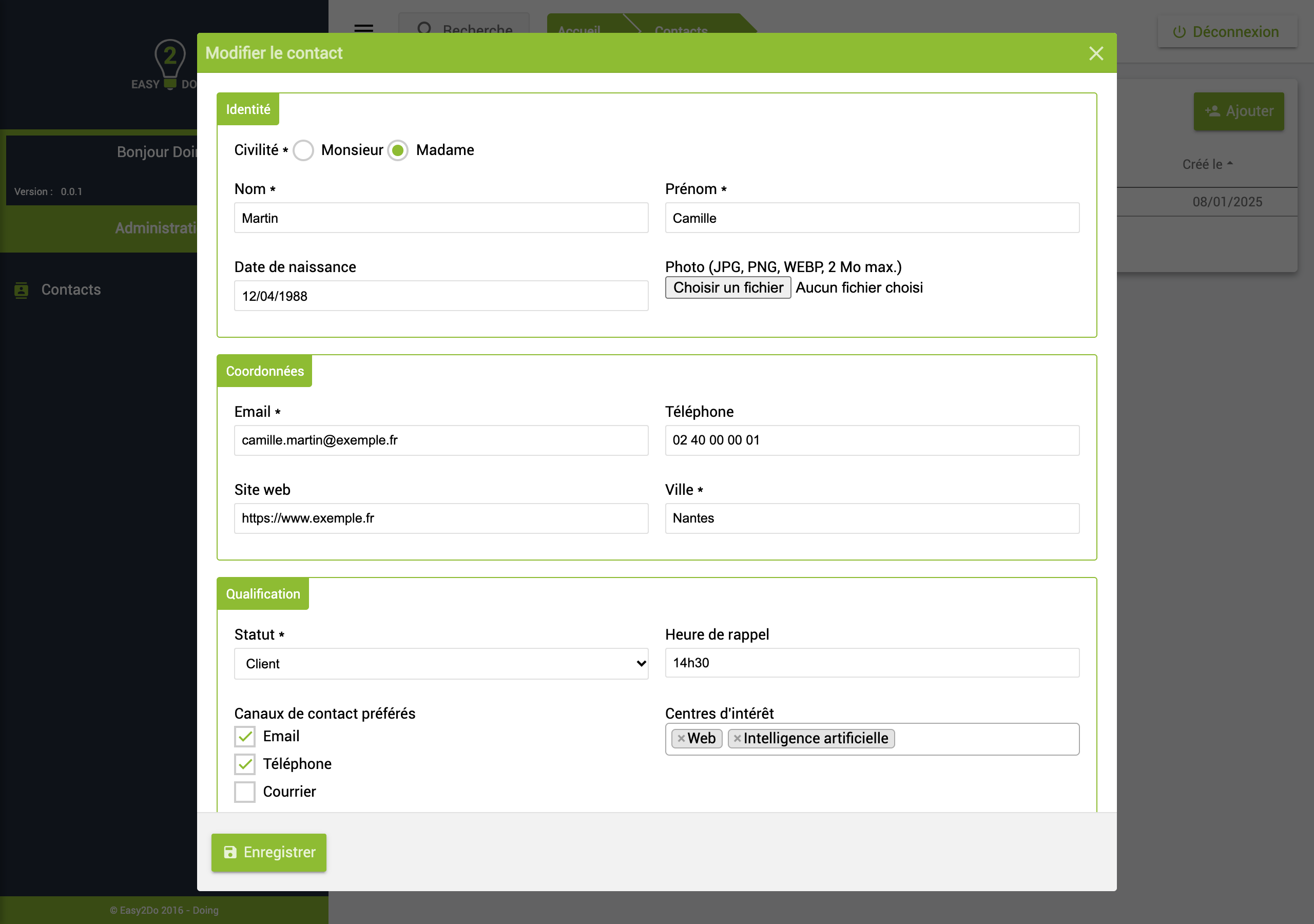 Fiche contact ouverte en modification